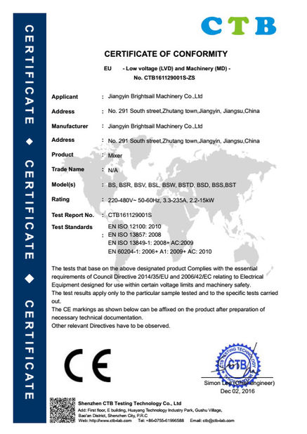 Porcellana Jiangyin Brightsail Machinery Co.,Ltd. Certificazioni